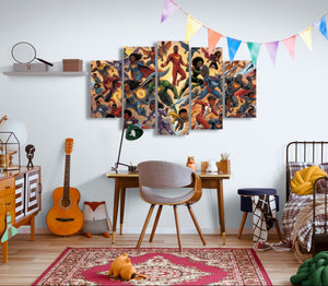 Room interior with colorful wall art, guitar, desk, and chair.