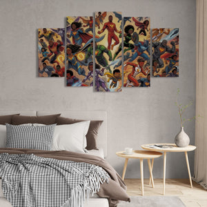 Colorful superhero-themed wall art in a bedroom setting.