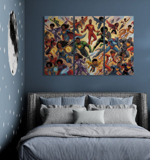 Bedroom with a colorful superhero mural on the wall above a bed with gray bedding.