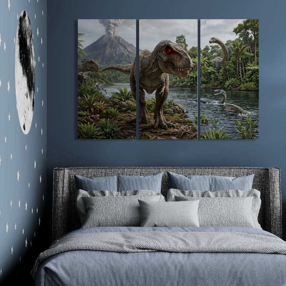 Triptych dinosaur artwork on a blue wall above a bed with gray bedding.