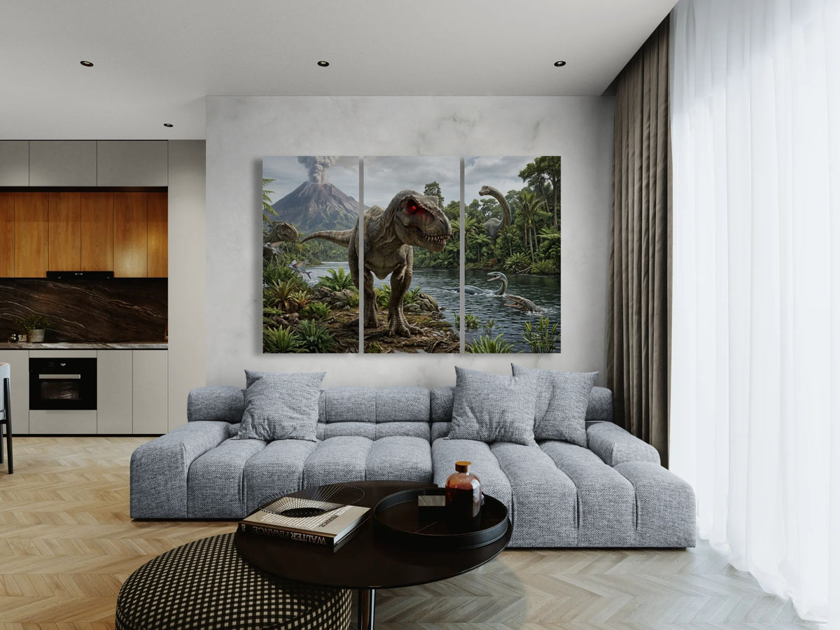 Modern living room with a large sofa, coffee table, and dinosaur-themed wall art.