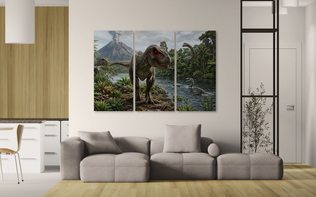 Three-panel dinosaur artwork on a wall above a sofa in a living room.
