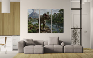 Three-panel dinosaur artwork on a wall above a sofa in a living room.