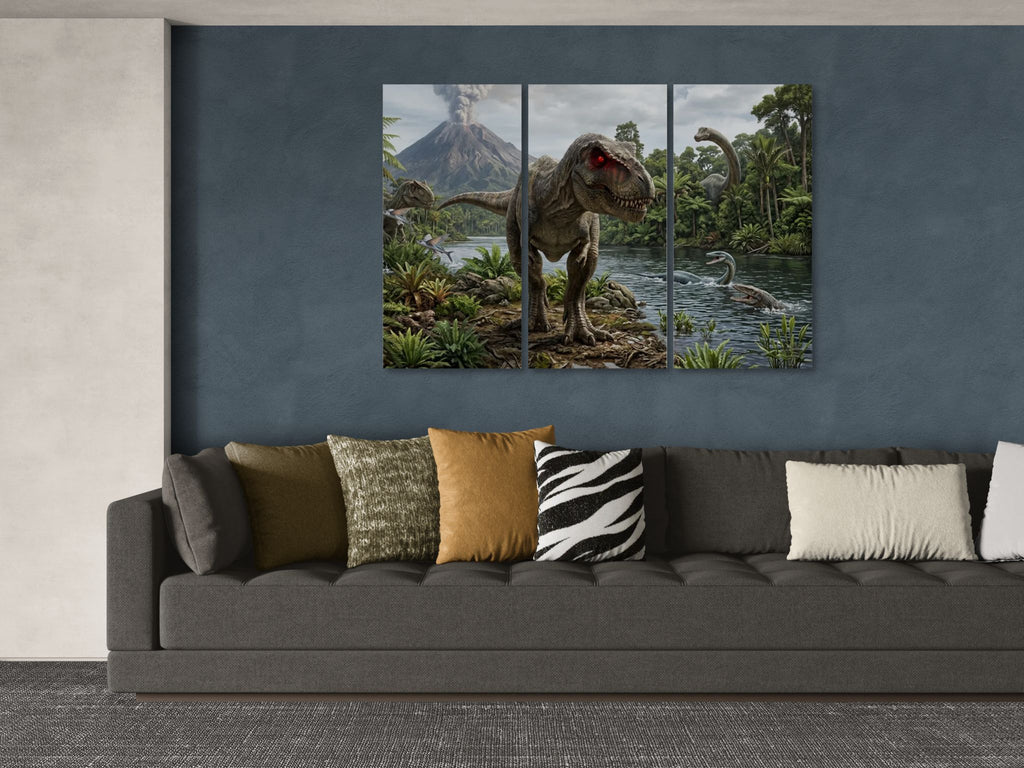 Triptych dinosaur artwork on a wall above a sofa with patterned cushions.