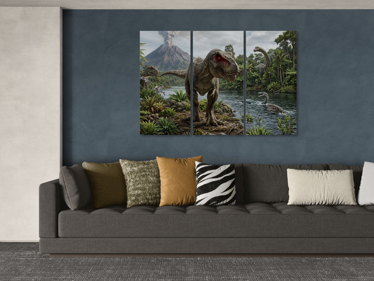 Triptych dinosaur artwork on a wall above a sofa with patterned cushions.