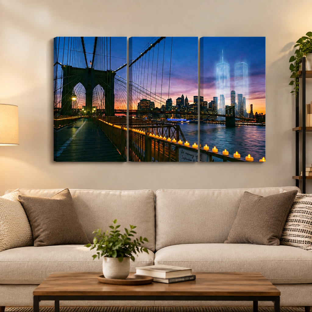 A three-panel canvas wall art set depicting the Brooklyn Bridge and New York City skyline at dusk, displayed above a beige sofa in a modern living room setting.