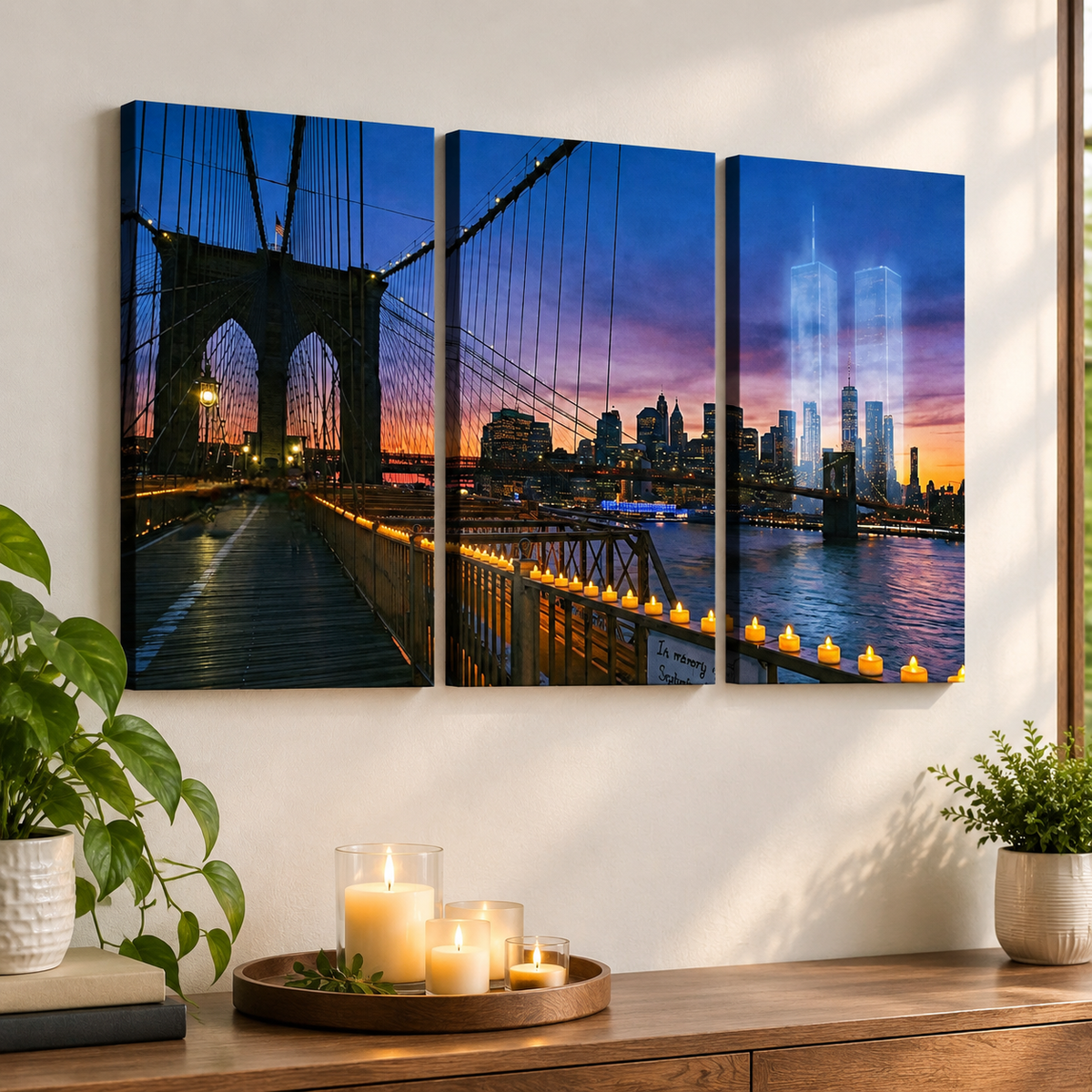 A three-panel canvas wall art set depicting the Brooklyn Bridge and New York City skyline at dusk, displayed on a white wall above a wooden console table with candles, plants, and books.