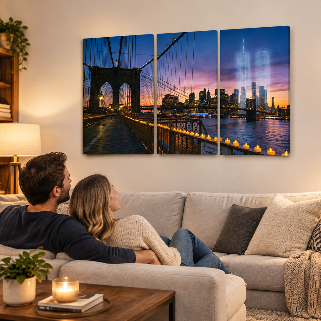 A three-panel canvas wall art set depicting a New York City sunset scene with the Brooklyn Bridge and the Twin Towers, displayed on a beige wall above a sofa with a couple looking at it in a living room setting.