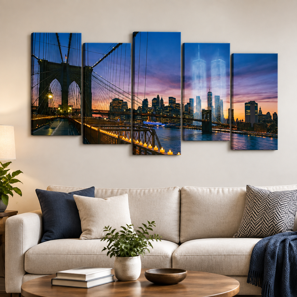 A 5-panel canvas wall art set depicting the Brooklyn Bridge and New York City skyline at sunset, displayed on a beige wall above a modern sofa in a living room setting.