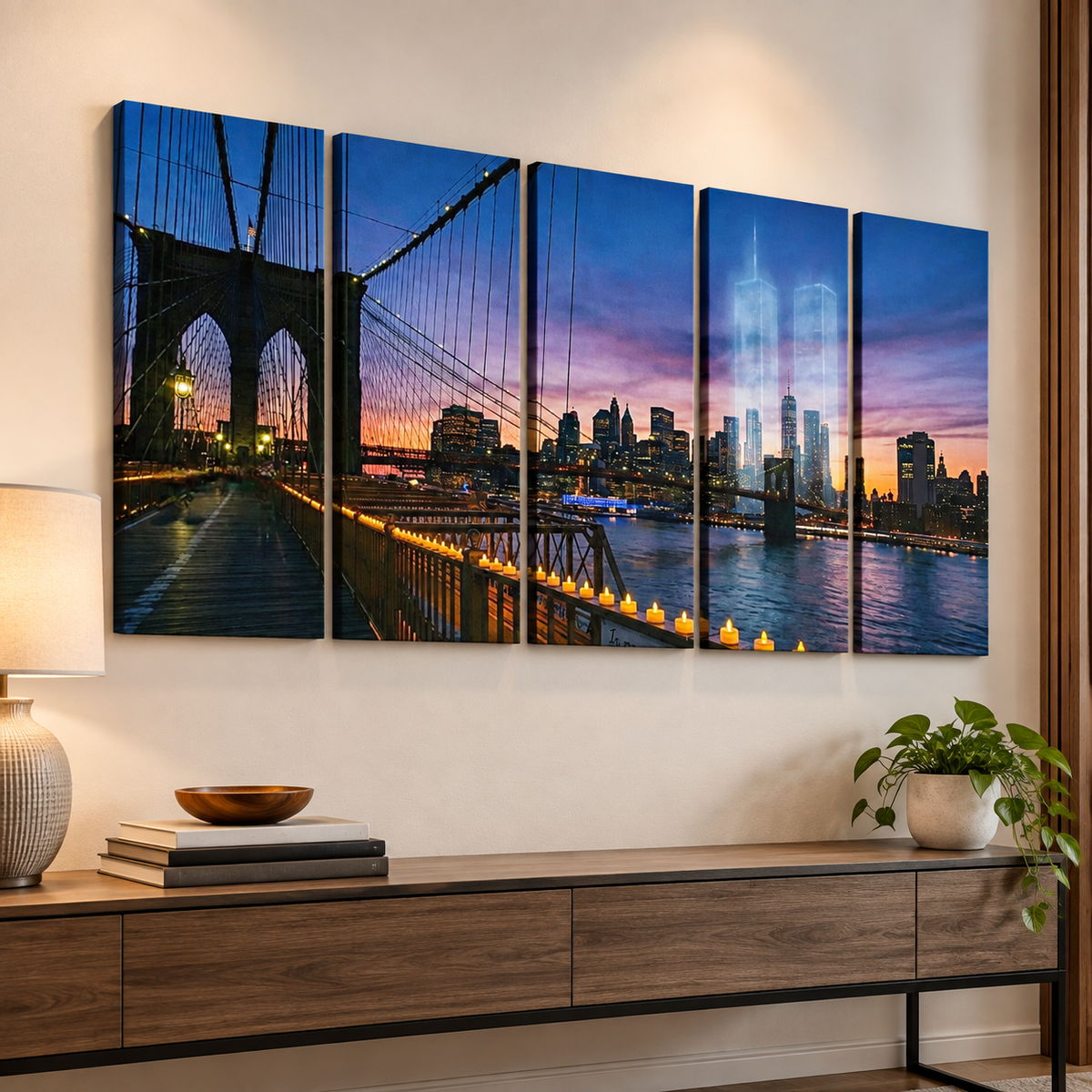 A five-panel canvas wall art set depicting the Brooklyn Bridge and New York City skyline at dusk, displayed on a beige wall above a wooden console table with a lamp and plant.