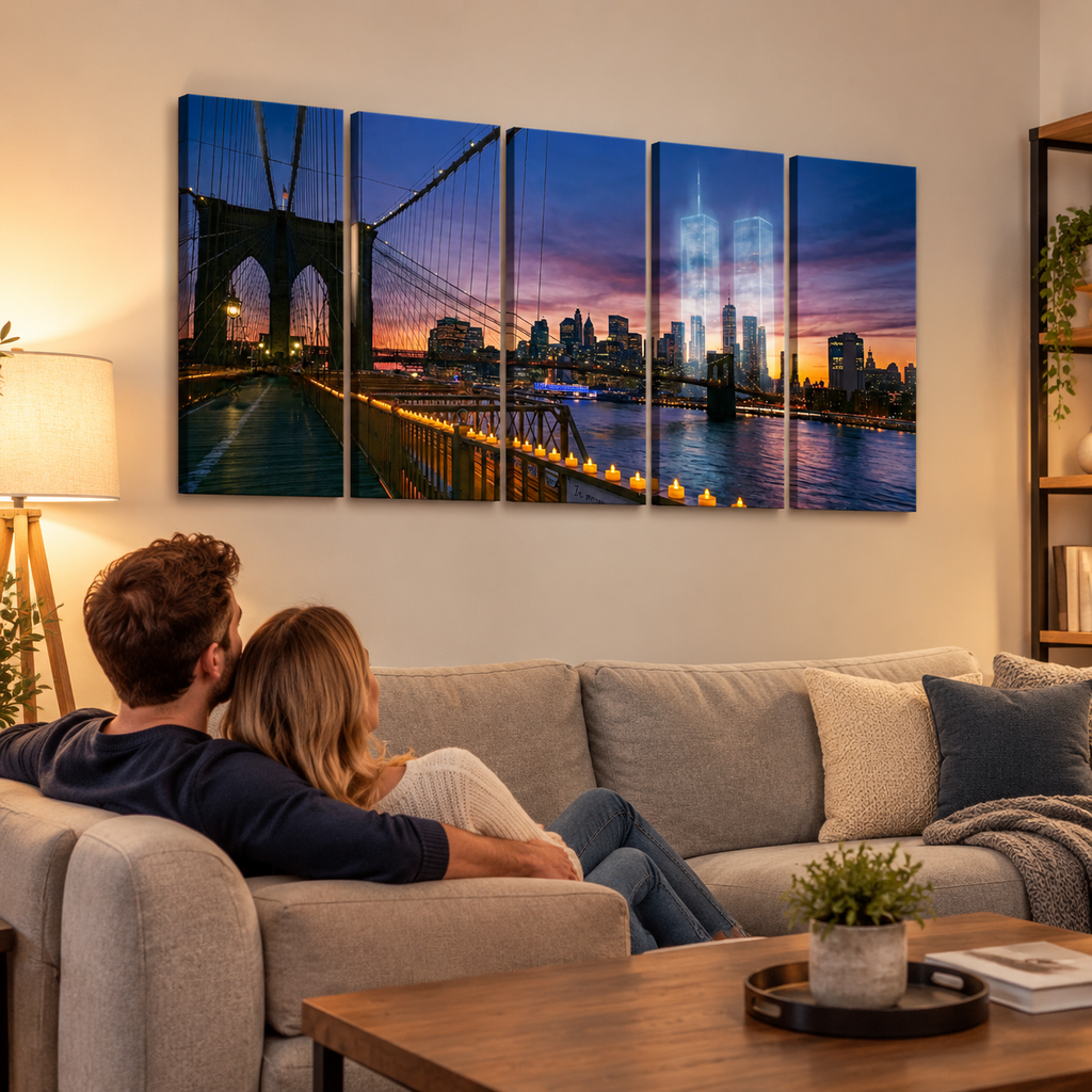 A four-panel canvas wall art set depicting a New York City skyline at dusk, hung above a beige sofa in a living room with a couple sitting on the couch.