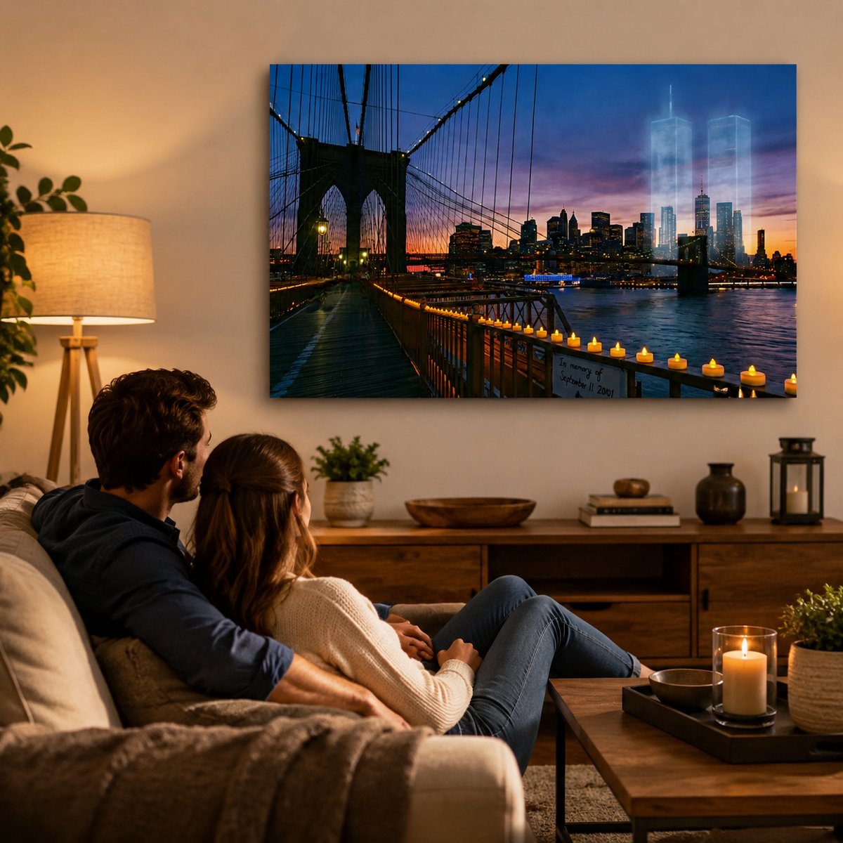 September 11th World Trade Center Tribute Brooklyn Bridge at Sunset Wall Art Print