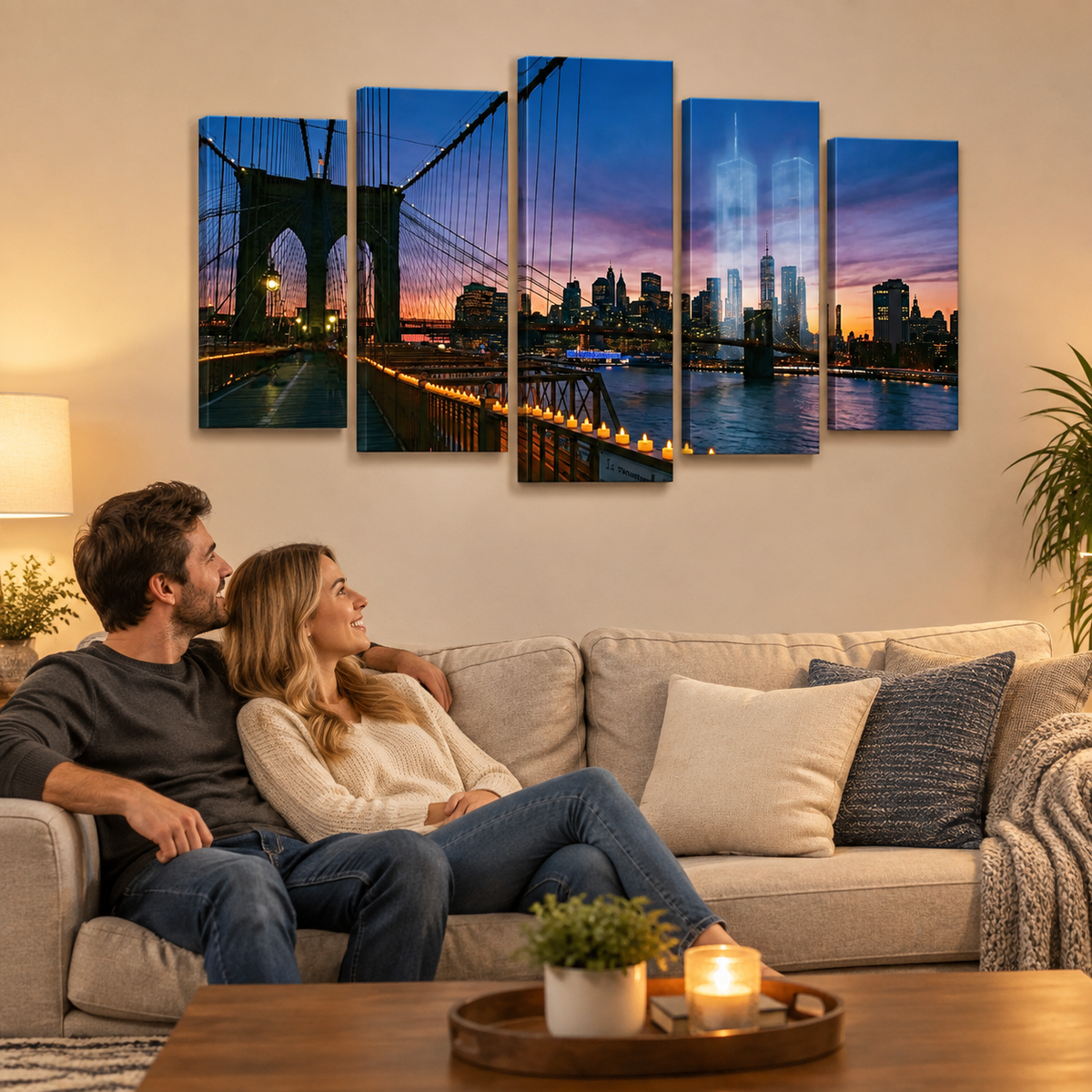 A 5-panel canvas wall art set depicting the Brooklyn Bridge and New York City skyline at sunset, displayed on a beige wall above a living room sofa with a couple sitting underneath.