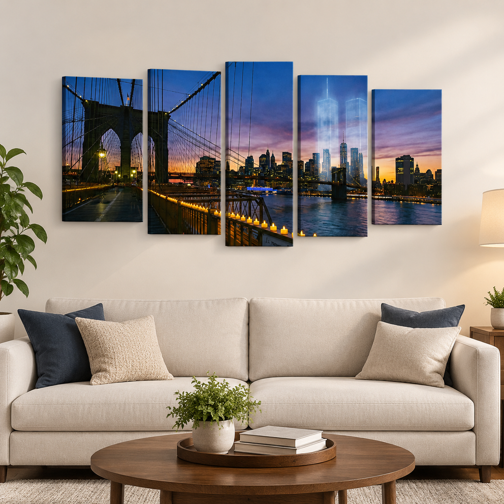 September 11th World Trade Center Tribute Brooklyn Bridge at Sunset Wall Art Print