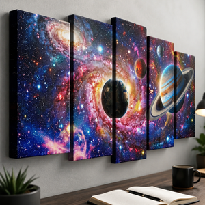 Galaxy Universe Canvas Wall Art – Deep Space Stars & Nebula | 1, 3 & 5 Panel Staggered Print