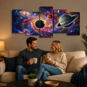 Galaxy Universe Canvas Wall Art – Deep Space Stars & Nebula | 1, 3 & 5 Panel Staggered Print