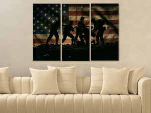 Three-panel wall art depicting silhouettes against an American flag background, displayed above a beige sofa.