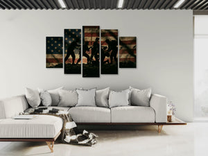Five-panel wall art depicting silhouettes against an American flag background in a living room.