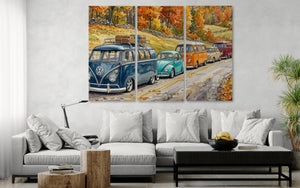 Living room with a large wall art depicting vintage VW vans on a road, surrounded by autumn trees.