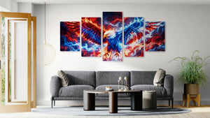 Modern living room with a gray sofa, coffee table, and colorful abstract wall art.