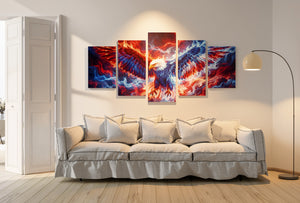 Modern living room with a gray sofa and abstract wall art