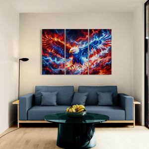 Modern living room with a blue sofa, black coffee table, and abstract artwork on the wall.