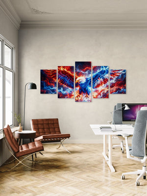 Modern office with abstract wall art and a desk.