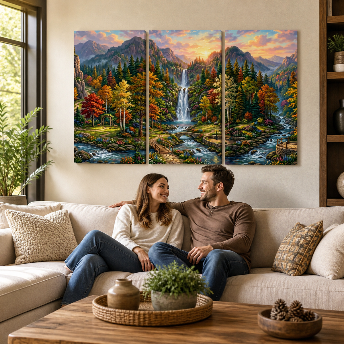 Waterfall Landscape Mountain Multi-Color Scene 5-Panel Canvas Wall Art