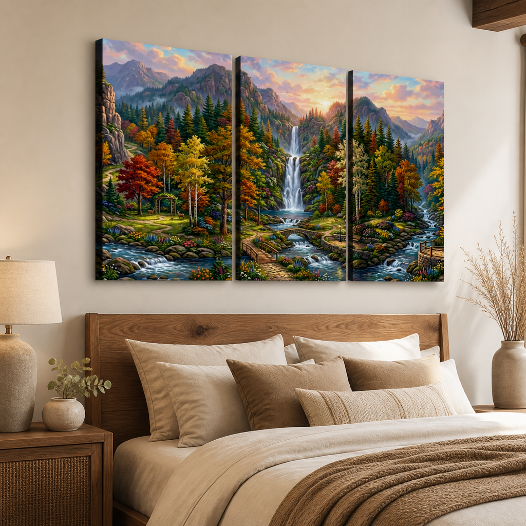 Waterfall Landscape Mountain Multi-Color Scene 5-Panel Canvas Wall Art