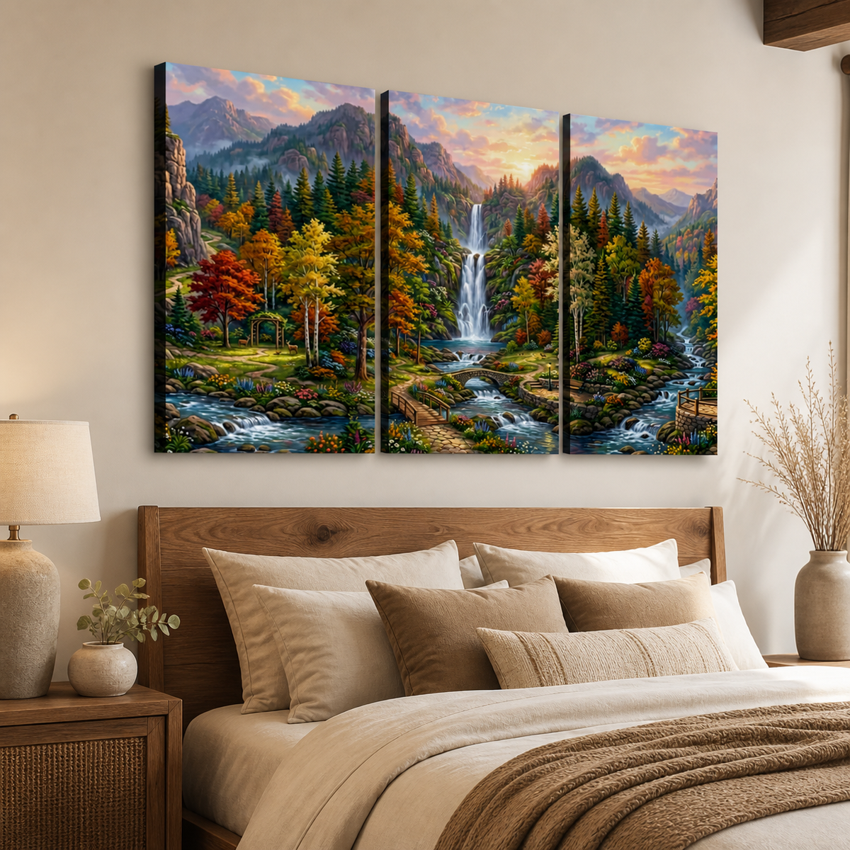 Waterfall Landscape Mountain Multi-Color Scene 5-Panel Canvas Wall Art