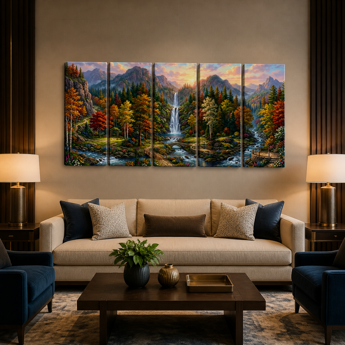Waterfall Landscape Mountain Multi-Color Scene 5-Panel Canvas Wall Art