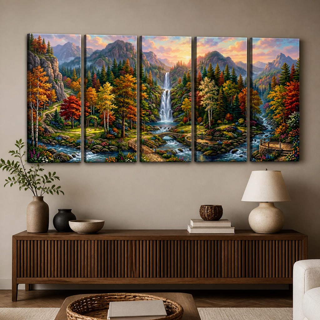 Waterfall Landscape Mountain Multi-Color Scene 5-Panel Canvas Wall Art