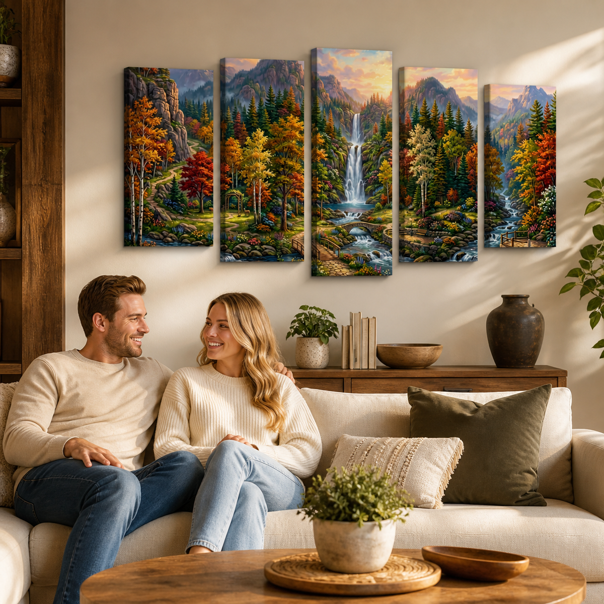Waterfall Landscape Mountain Multi-Color Scene 5-Panel Canvas Wall Art