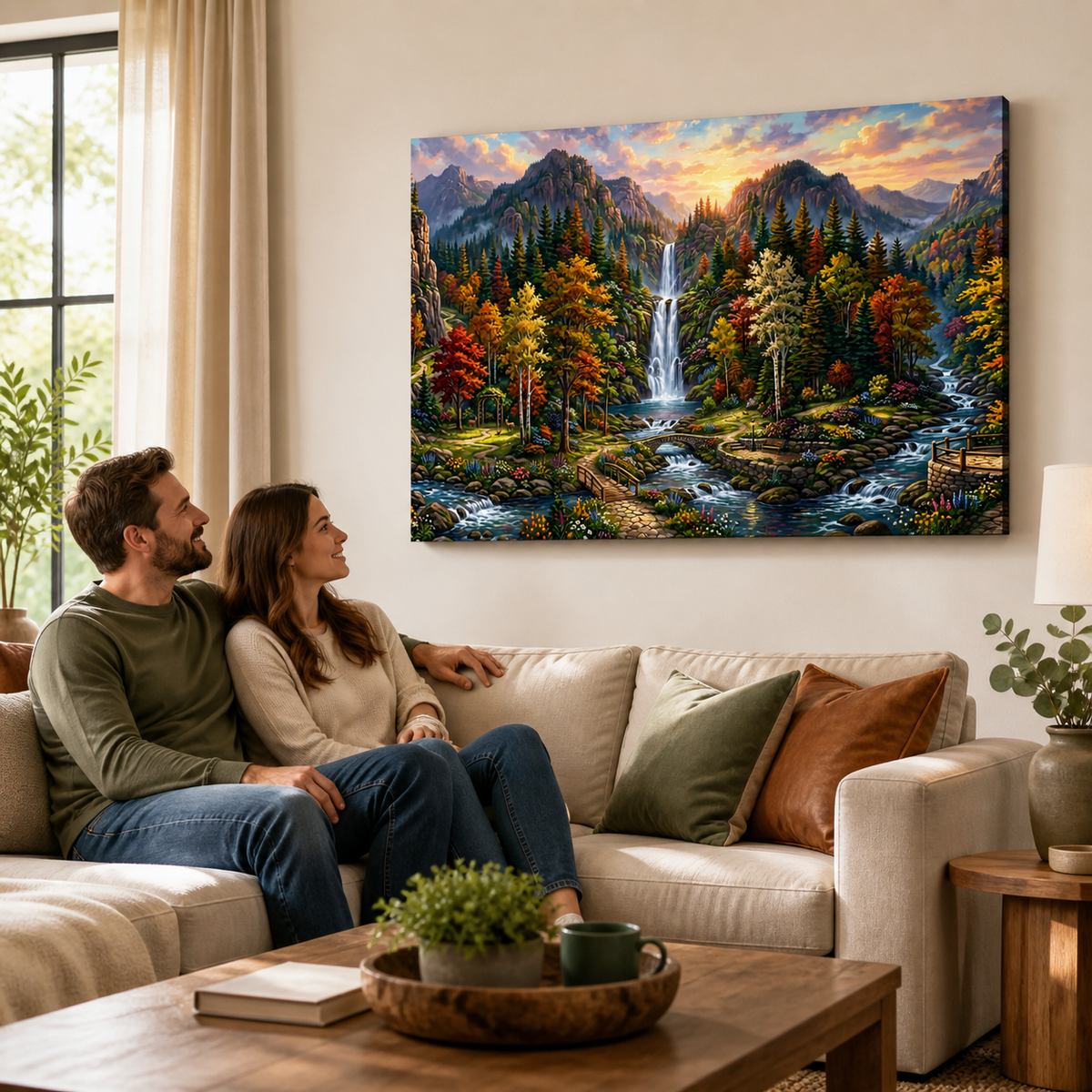 Waterfall Landscape Mountain Multi-Color Scene 5-Panel Canvas Wall Art