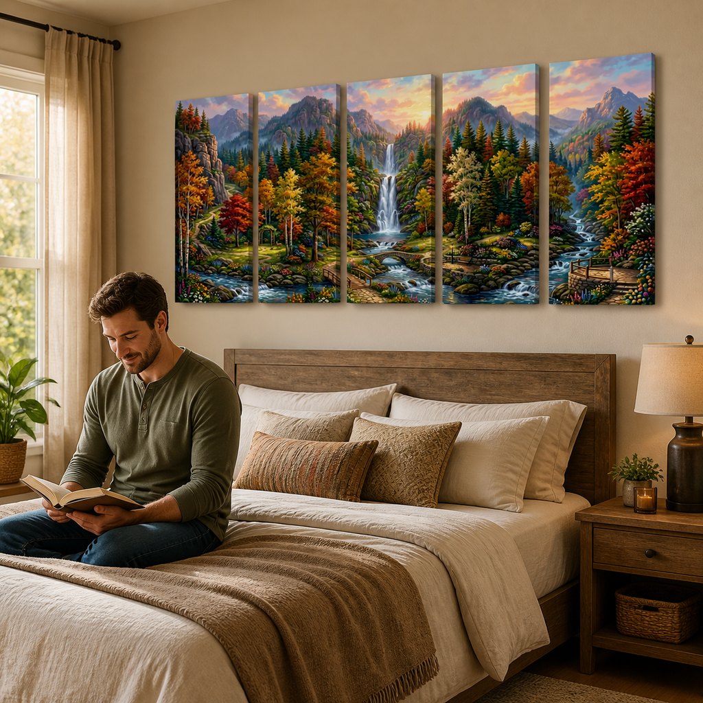 Waterfall Landscape Mountain Multi-Color Scene 5-Panel Canvas Wall Art