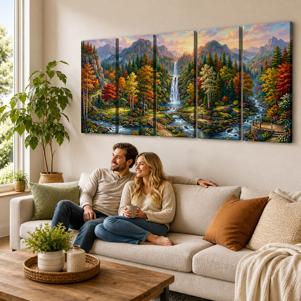 Waterfall Landscape Mountain Multi-Color Scene 5-Panel Canvas Wall Art