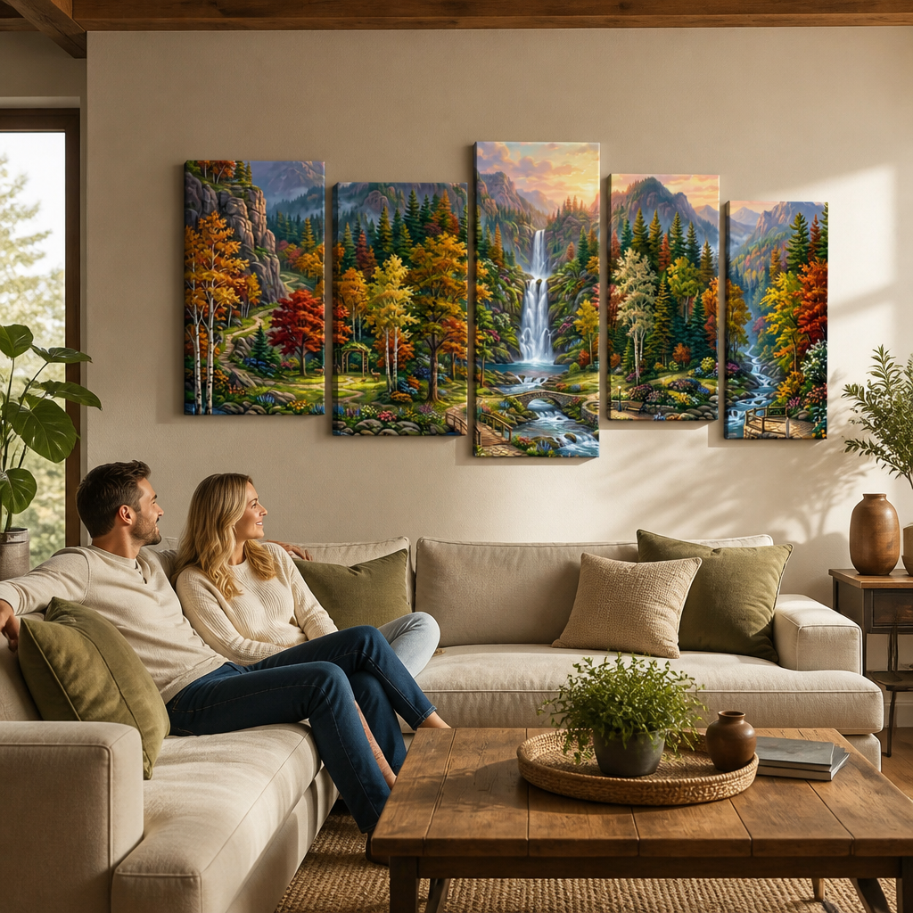 Waterfall Landscape Mountain Multi-Color Scene 5-Panel Canvas Wall Art