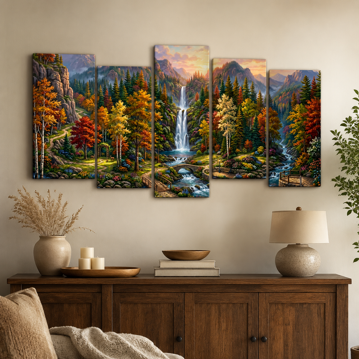 Waterfall Landscape Mountain Multi-Color Scene 5-Panel Canvas Wall Art
