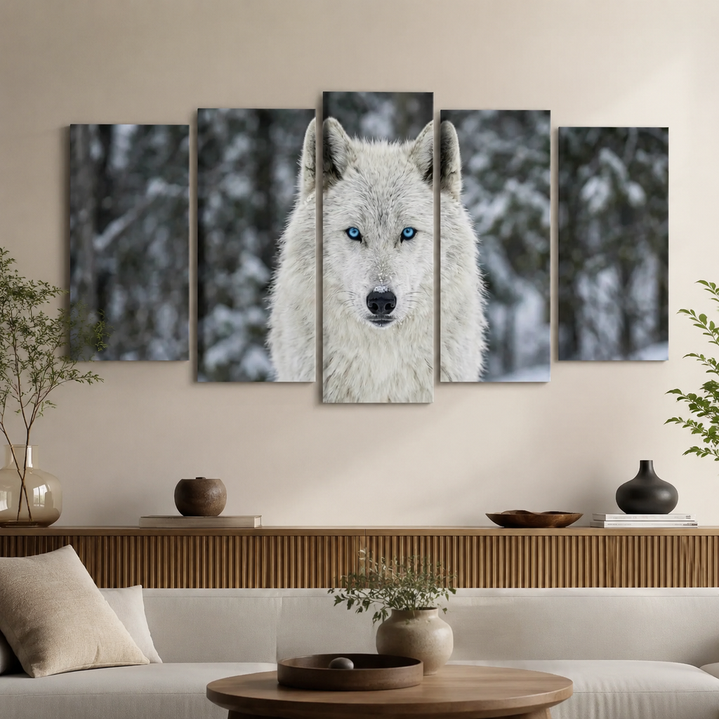 A five-panel canvas wall art set depicting a close-up portrait of a white wolf with bright blue eyes in a snowy outdoor setting, displayed above a sofa in a modern living room.