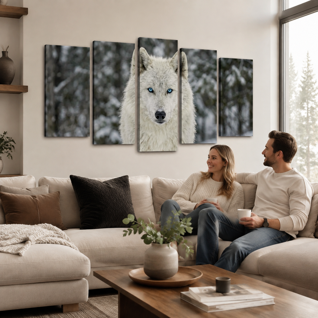 A five-panel canvas wall art set depicting a close-up portrait of a white wolf with bright blue eyes, displayed above a beige sectional sofa in a modern living room with a couple sitting underneath.