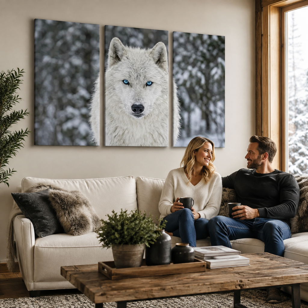 A three-panel canvas wall art set depicting a close-up portrait of a white wolf with bright blue eyes in a snowy winter scene, displayed above a white sofa in a modern living room setting with a couple sitting underneath.