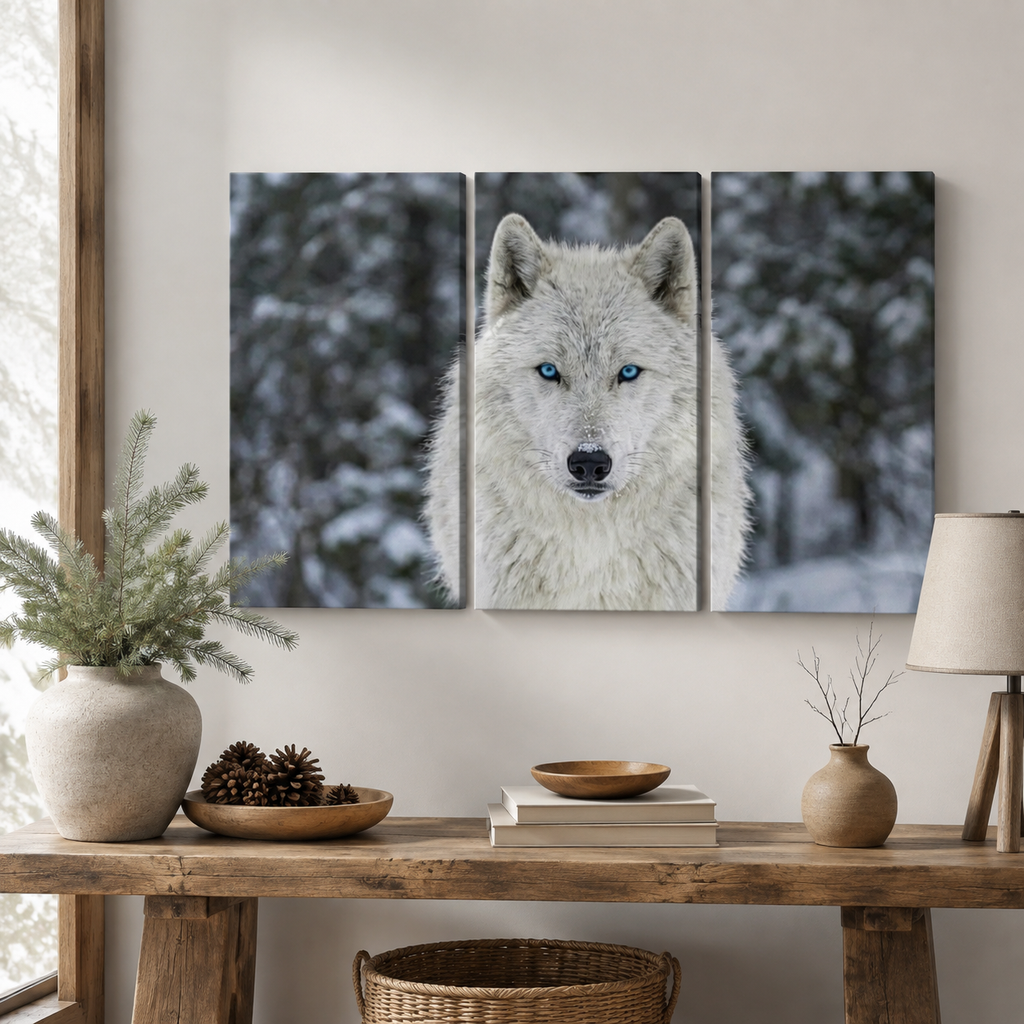 Three-panel canvas wall art showing a close-up portrait of a white wolf with bright blue eyes in a snowy outdoor setting, displayed above a wooden console table in a styled interior room.
