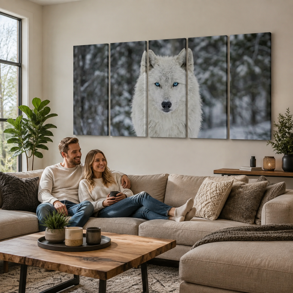 A four-panel canvas wall art set depicting a close-up of a white wolf with blue eyes in a snowy forest, displayed on a beige wall above a living room sofa with a couple sitting underneath.