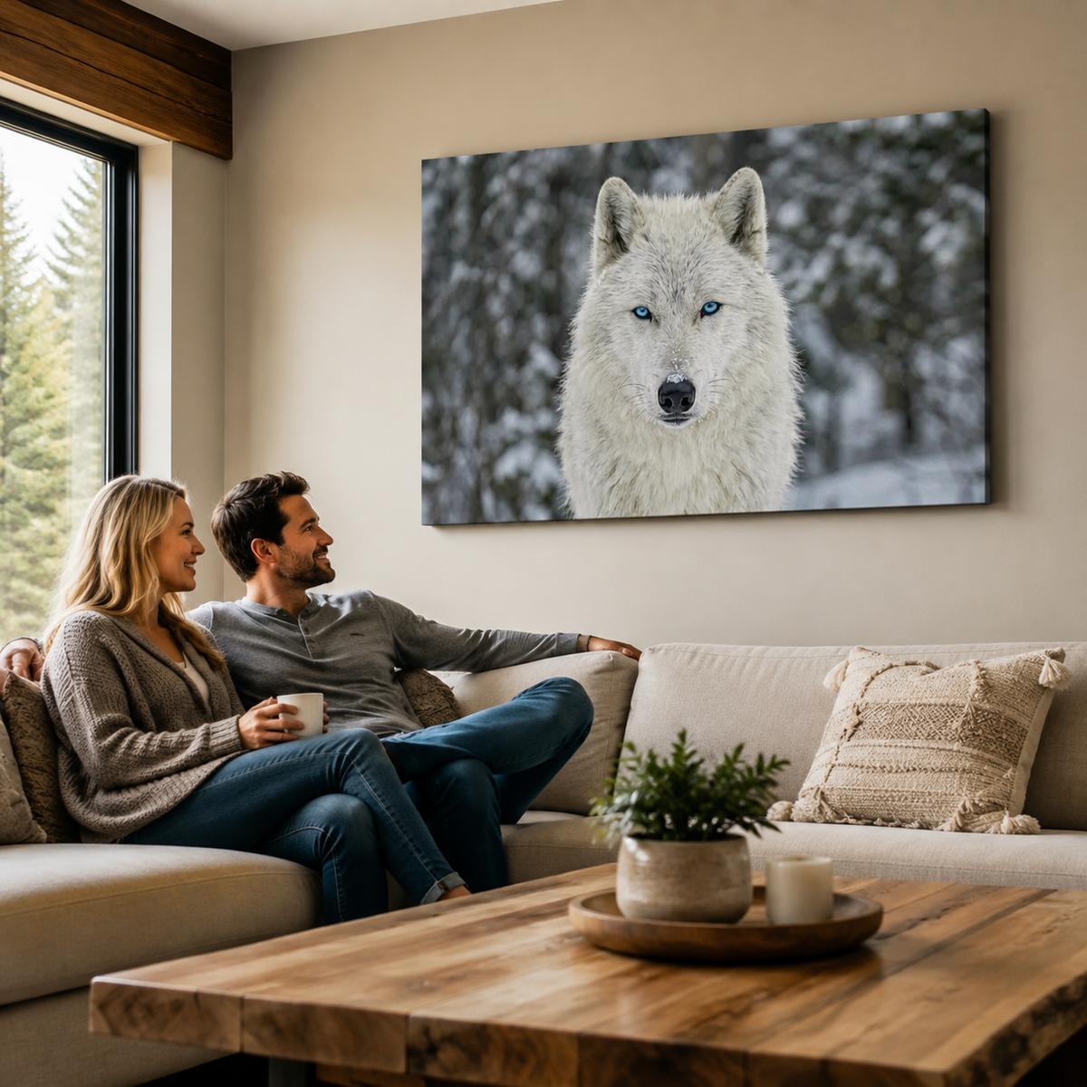 A large wall art print of a white wolf with blue eyes hanging above a beige sofa in a modern living room, where a couple sits and looks at the artwork.