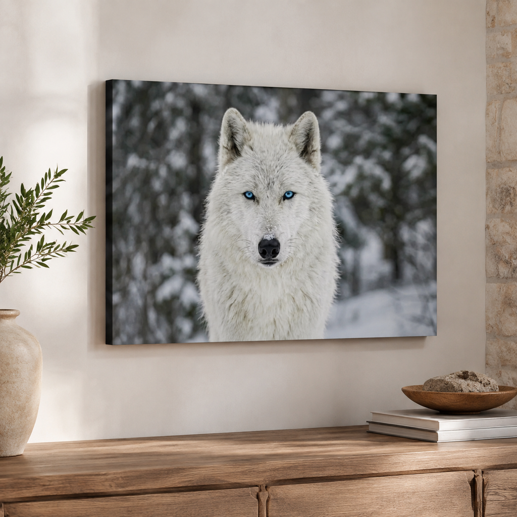 A rectangular wall art print showing a close-up portrait of a white wolf with bright blue eyes in a snowy outdoor setting, displayed on a beige wall above a wooden console table with a vase and books.