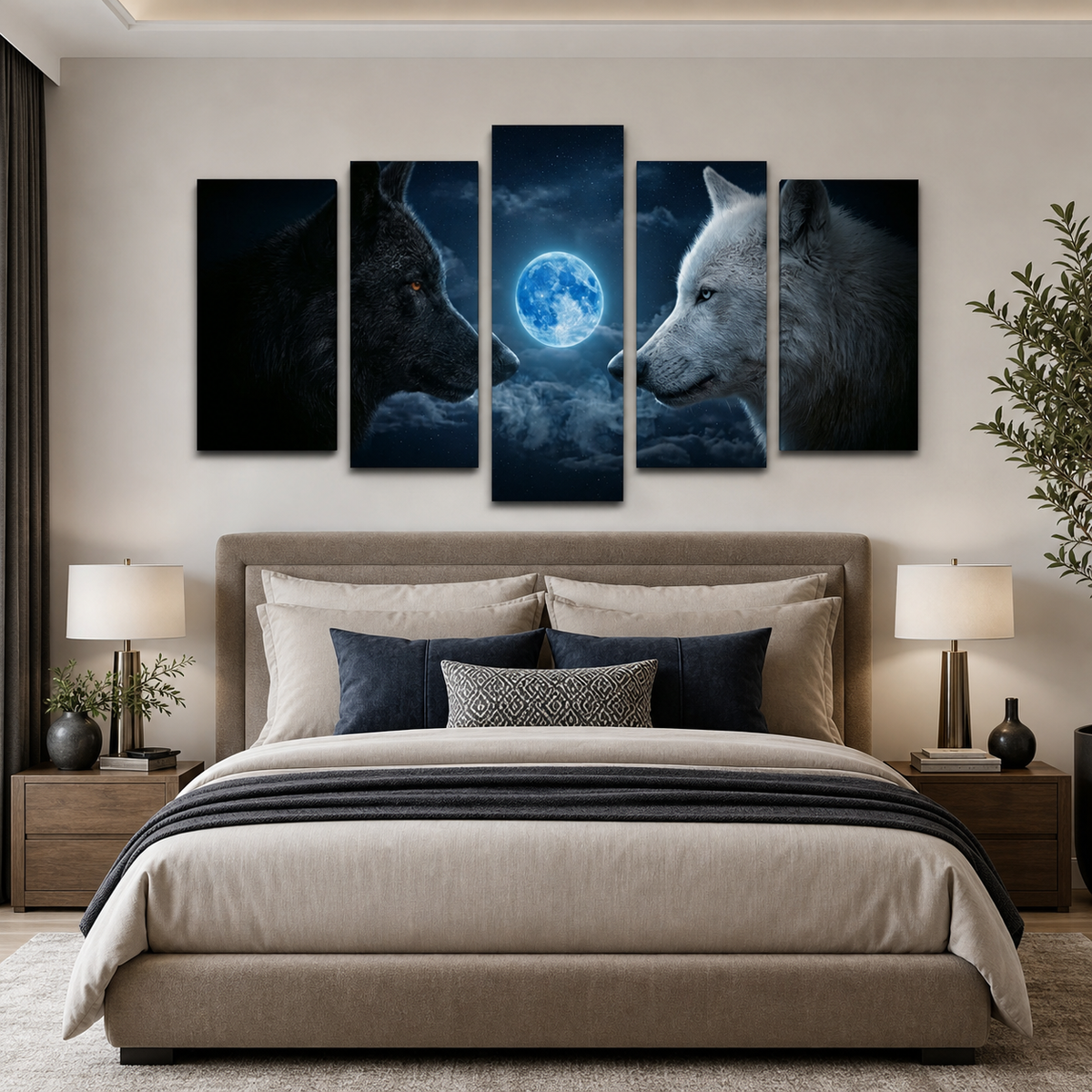 Blue Moon Wolves Canvas Wall Art – Wolf Pack Howling at the Moon | 1, 3 & 5 Panel Wildlife Print