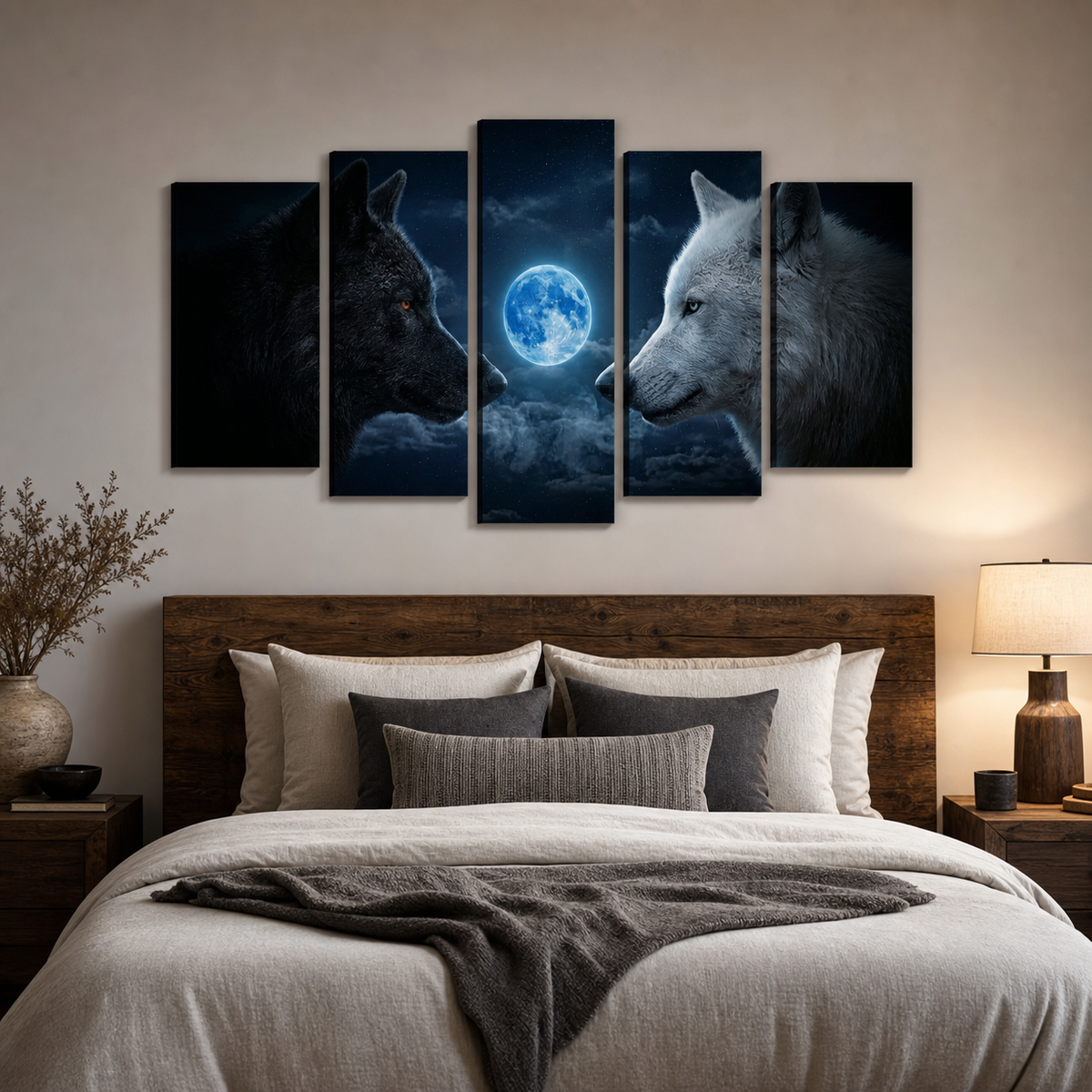 Blue Moon Wolves Canvas Wall Art – Wolf Pack Howling at the Moon | 1, 3 & 5 Panel Wildlife Print