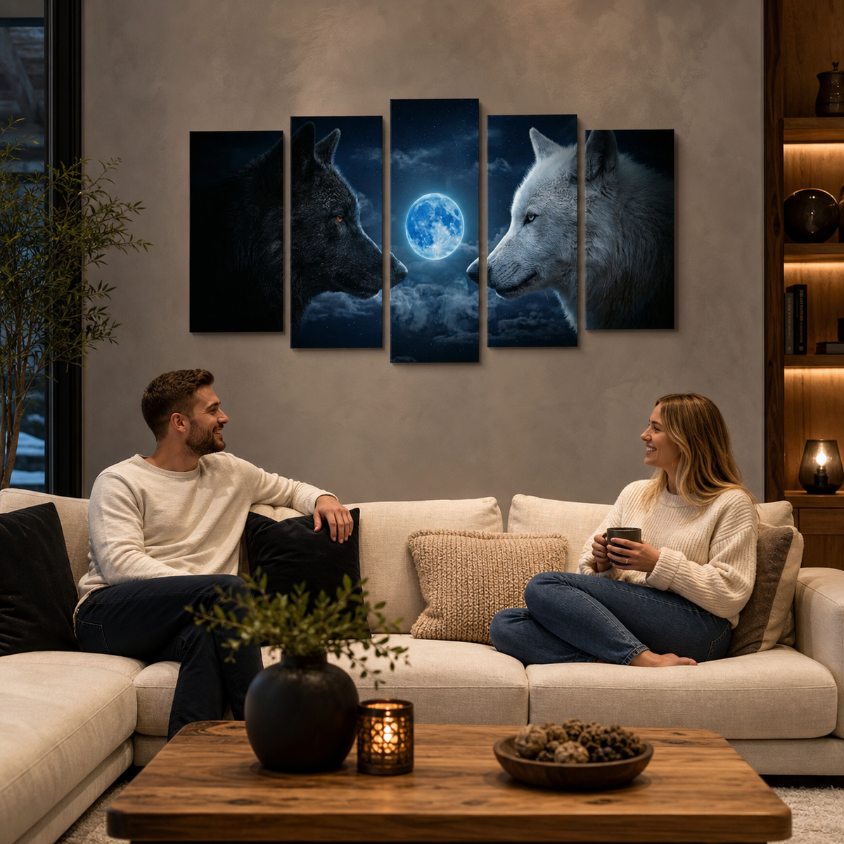 Blue Moon Wolves Canvas Wall Art – Wolf Pack Howling at the Moon | 1, 3 & 5 Panel Wildlife Print
