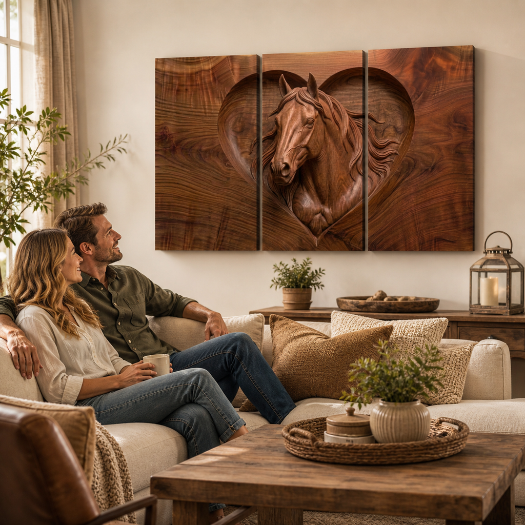 Wood Sculpture Horse Head with Heart 5-Panel Canvas Wall Art