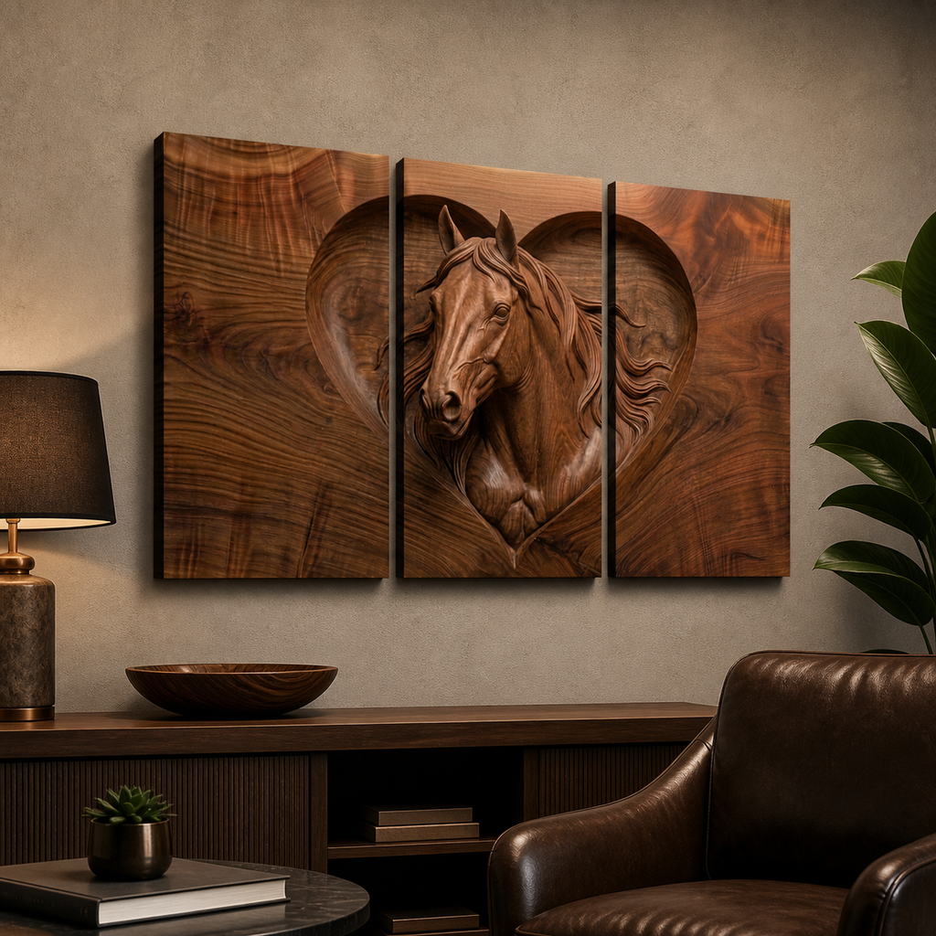 Wood Sculpture Horse Head with Heart 5-Panel Canvas Wall Art